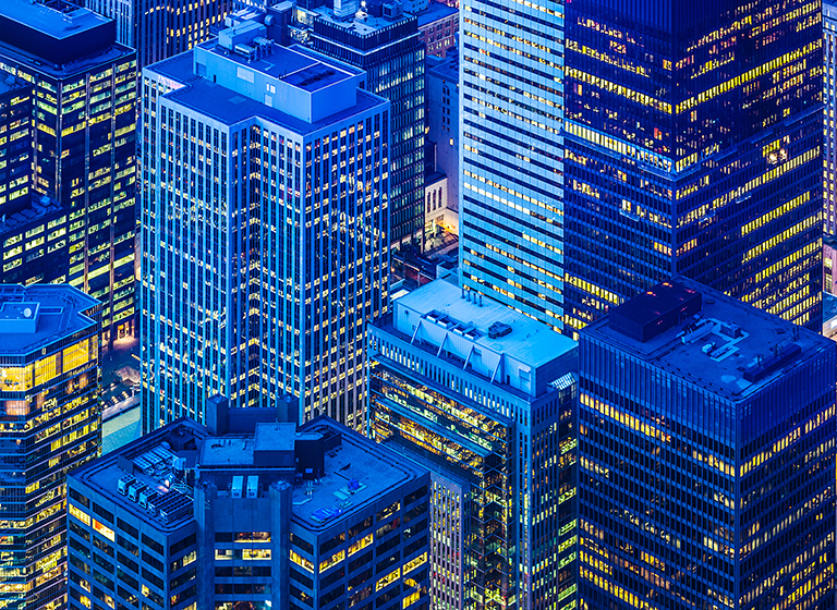 Toronto financial district cityscape at dusk