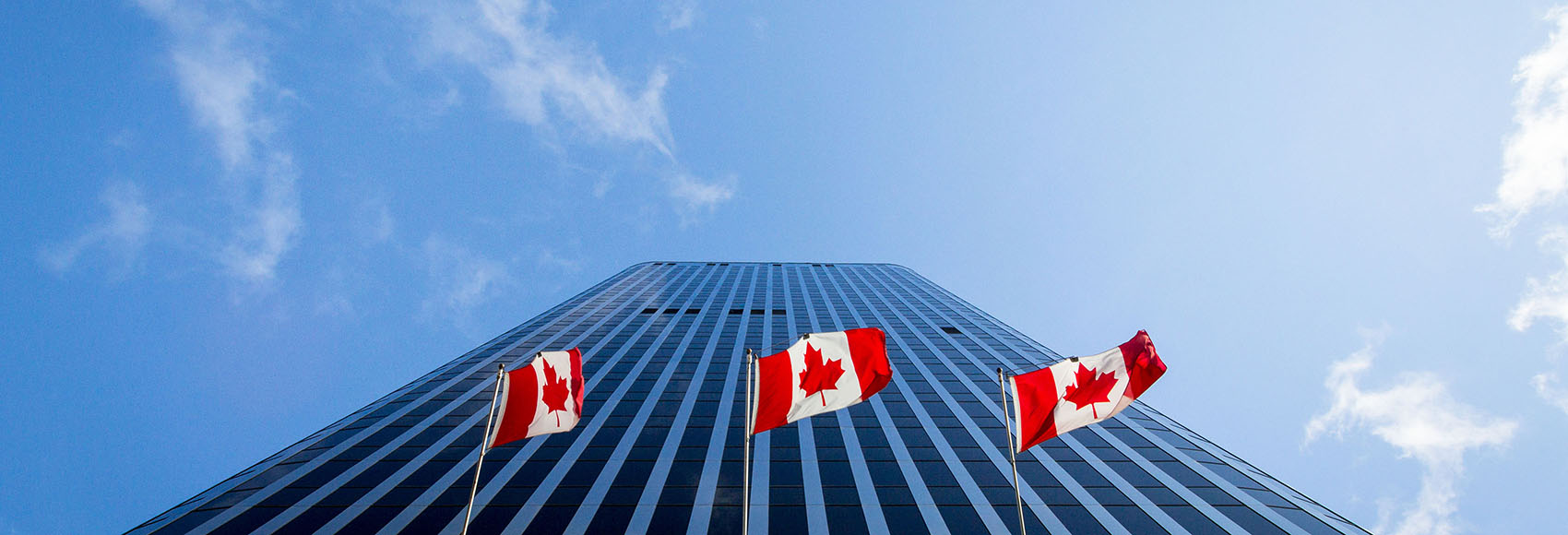 Three Canadian flags in front of a business building