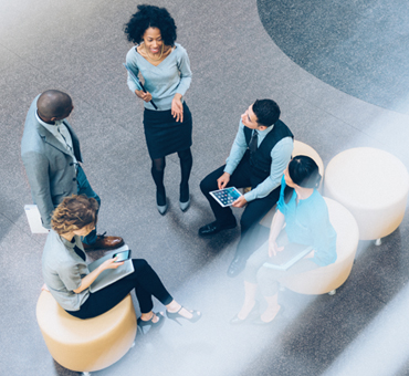 group of people talking on the lobby